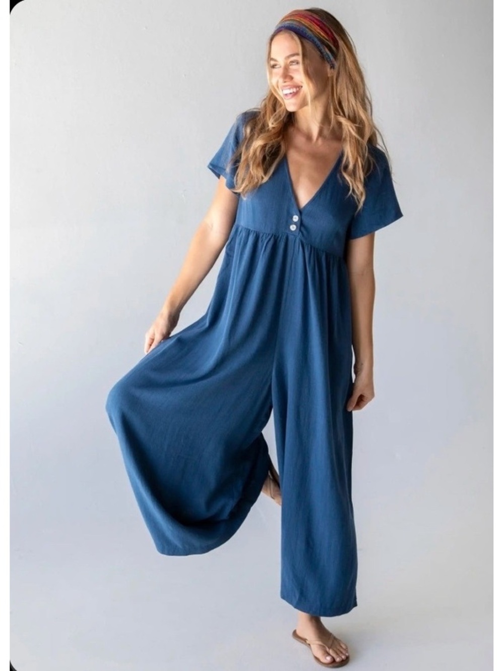Natural Life Blue V-Neck Wide Leg Jumpsuit Women’s Large Boho Short Sleeve